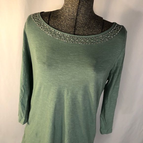 Loft Blue Green Beaded Collar Long Sleeve Tee - Picture 2 of 5